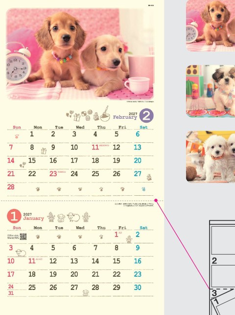 NK-434 ナチュラルドッグカレンダー壁掛け 2027年｜ あどけない子犬の可愛い写真をコンパクトサイズで楽しめる犬のカレンダー