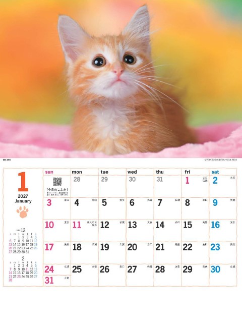 カレンダー「NK-455 サンキュー・キャット」の画像。自由気ままで愛おしい可愛い猫たちと過ごす癒やしの12か月。愛嬌たっぷりの姿や微笑ましい仕草が、暮らしに幸せを届ける猫の名入れカレンダーです。